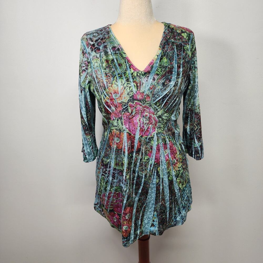Style & Co Womens Velour Floral Tunic Top Size L Flowy Hippie Whimsy Vintage Y2K